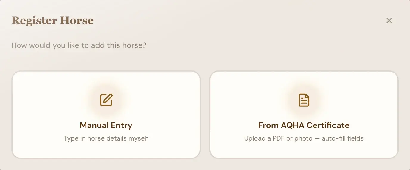 Register Horse window with two choices: manual entry, or from an AQHA certificate