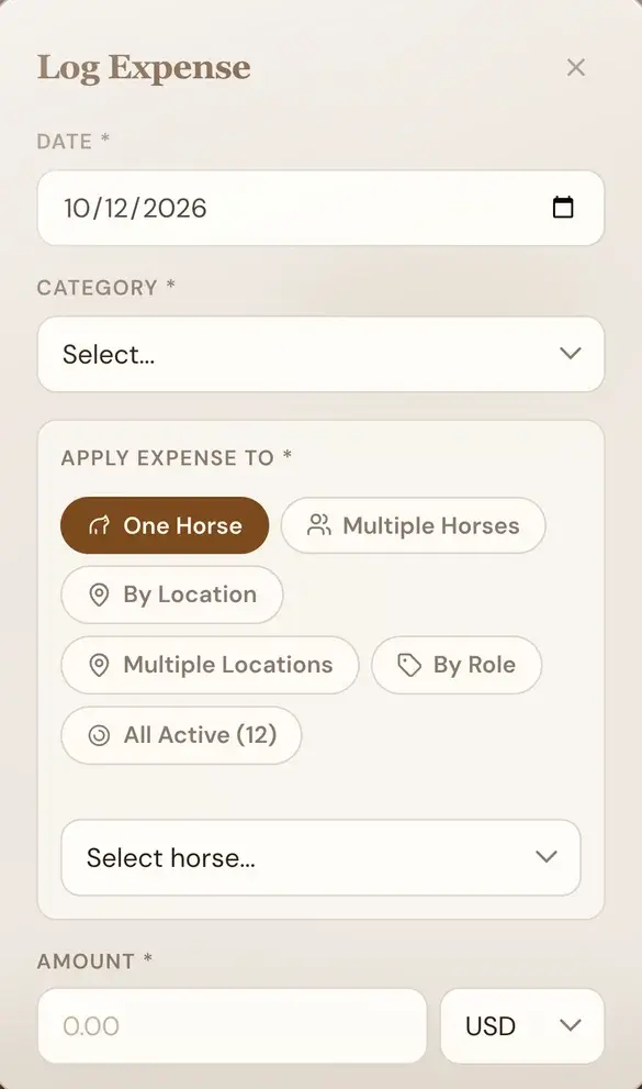 Log Expense form on a phone with date, category, who the expense applies to, and amount